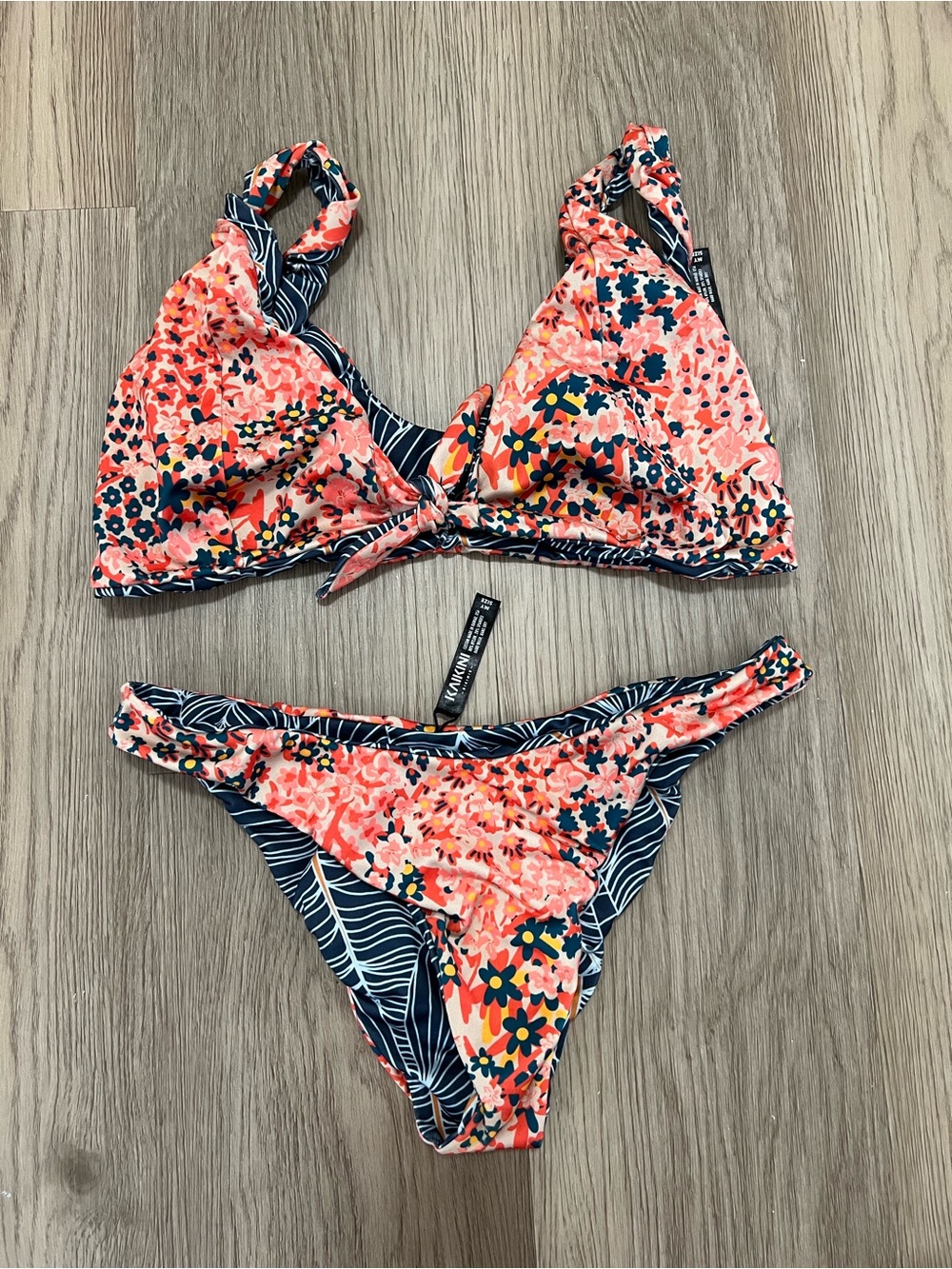 Kaikini Reversible Floral Bikini Set Hawaii Coral Navy Tie Front Custom Fit XS/S